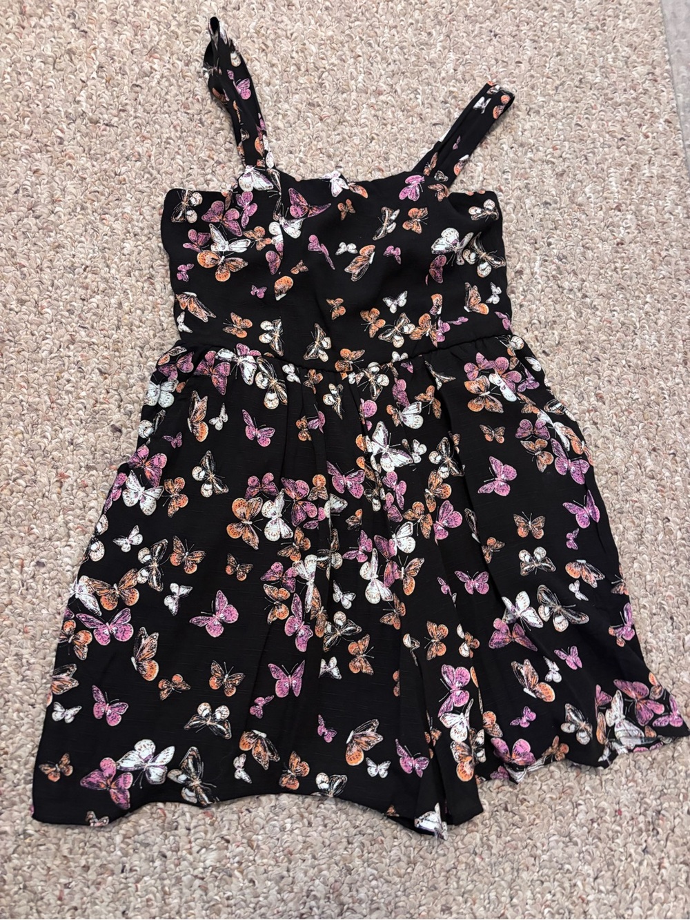 Girls' Black Butterfly Print Romper- Pink & Orange Accents